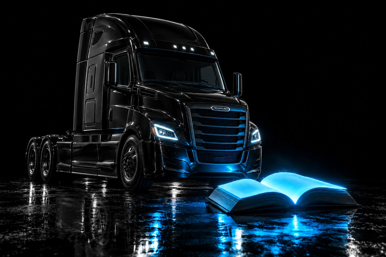 X3 Fleet Safety: a black tractor on a wet black floor, a single sharp cyan light tracing the outline of an open book on the floor beside it
